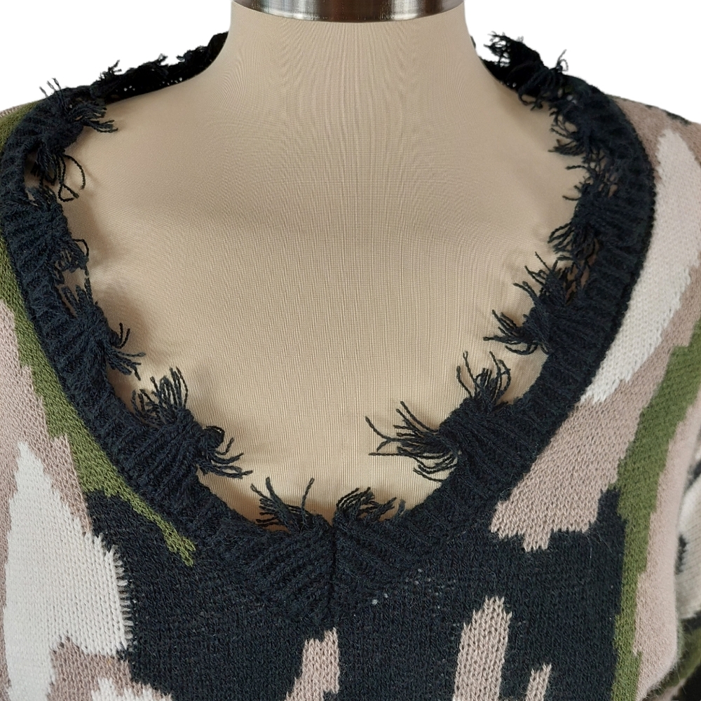 Cloud Chaser Green/Black Camo Distressed V-Neck Sweater View 3